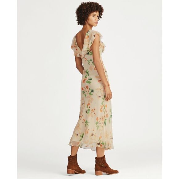 New! RALPH LAUREN Women's 100% Silk Floral Print Ruffled Prairie Dress - Picture 6 of 7